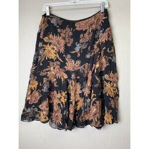 Lauren Ralph Lauren Skirt Woman 12 Black Floral Print 100% Silk Chiffon Boho Vtg